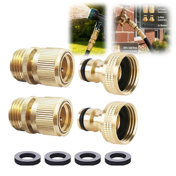 Quick Connect Hose Fittings, Brass Garden Hose Quick Connect Kit, 3/4" GHT Solid Brass Set, Heavy Duty 200 PSI Quick Release Coupling(2PCS Male Coupling 2PCS Female Nipple)