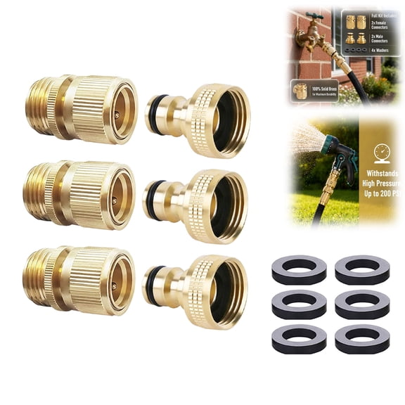Quick Connect Hose Fittings, Brass Garden Hose Quick Connect Kit, 3/4" GHT Solid Brass Set, Heavy Duty 200 PSI Quick Release Coupling(3PCS Male Coupling 3PCS Female Nipple)