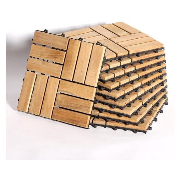 Quick Connect - Teak Interlocking Flooring Tiles - Windmill Pattern - Natural Finish - 10 Square Feet
