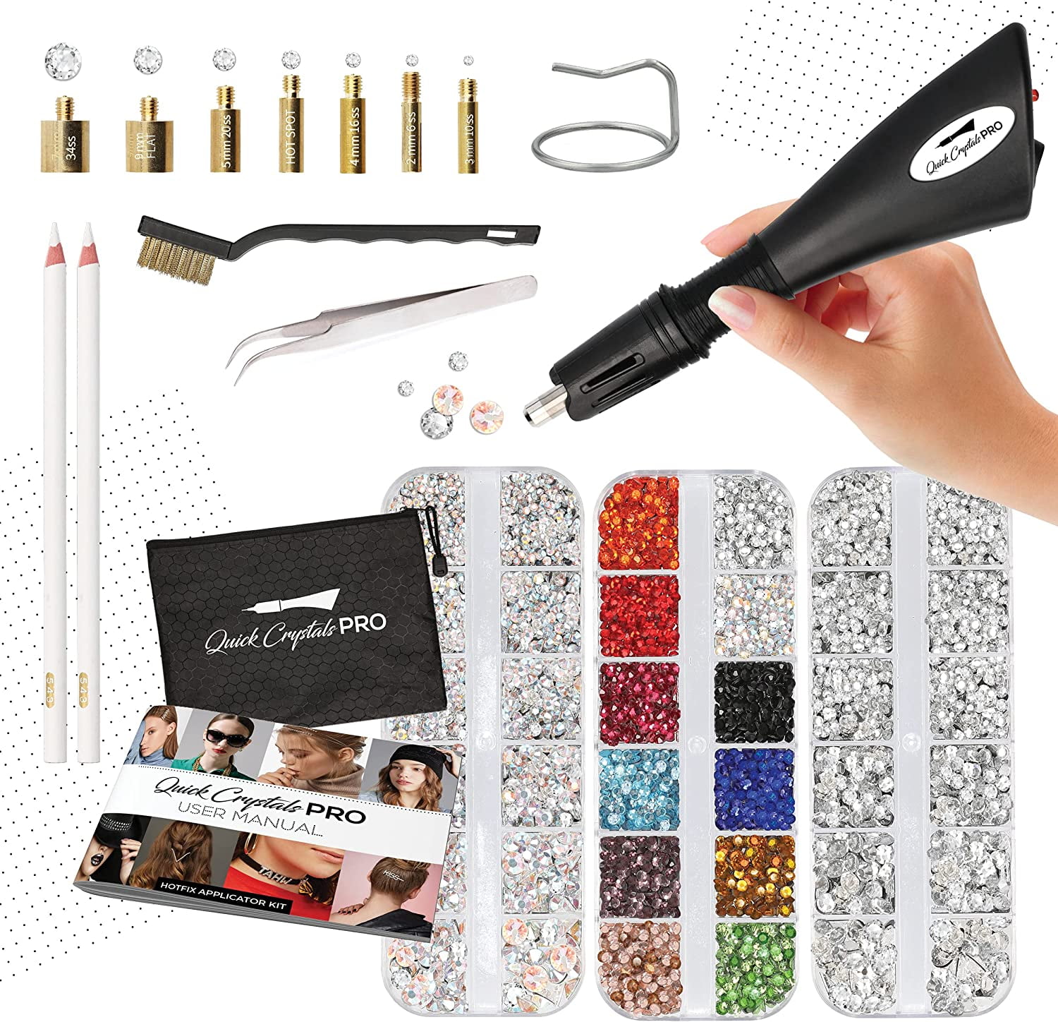 Quick Crystals Pro Hotfix Applicator, Bedazzler Kit with Rhinestones, DIY  Wand Setter Tool Kit with 7 Different Tip Sizes, Tweezers, Cleaning Brush