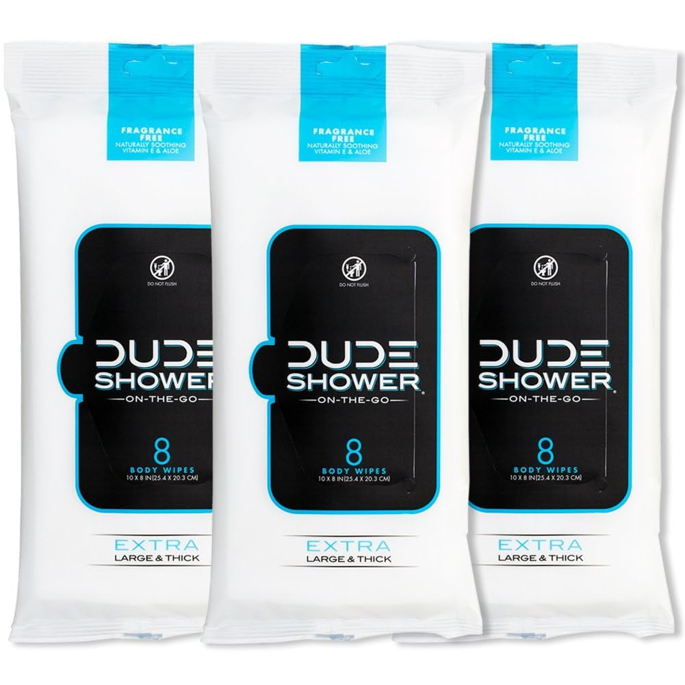 DUDE PRODUCTS DUDE Wipes Shower Wipes, XL Body Wet Wipes, Unscented, 8 Count, 3 Pack