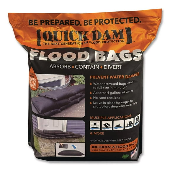 Quick Dam Flood Bags, 12" x 24" x 3.5", 6 Bags/Pack
