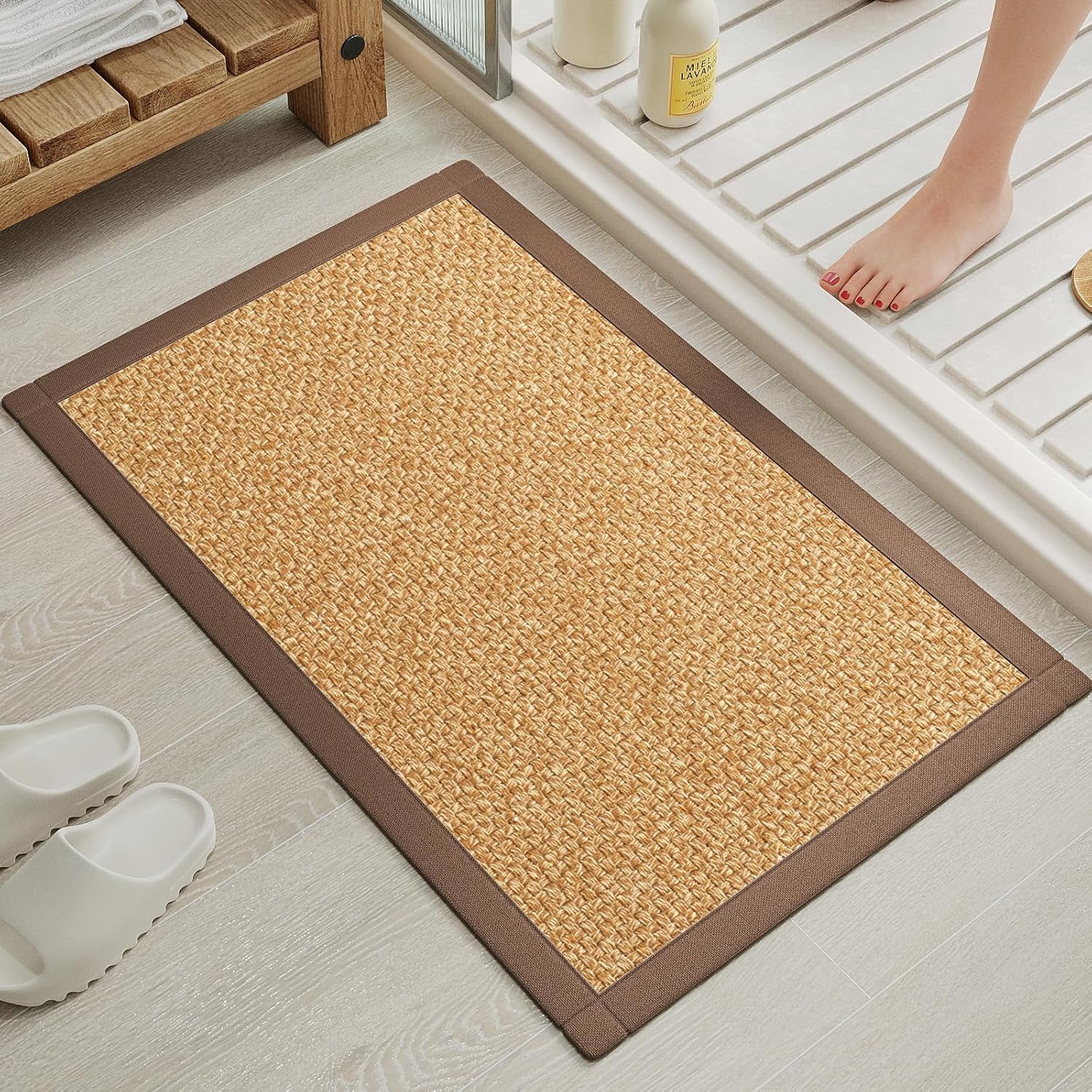 Quick Dry Absorbent Bathroom Rugs Mat Non Slip Bath Mat Ultra Thin Bath Mats for Bathroom Bathroom Mat Floor Rubber Backed Fit Under Door Woven Washable Bath Rugs