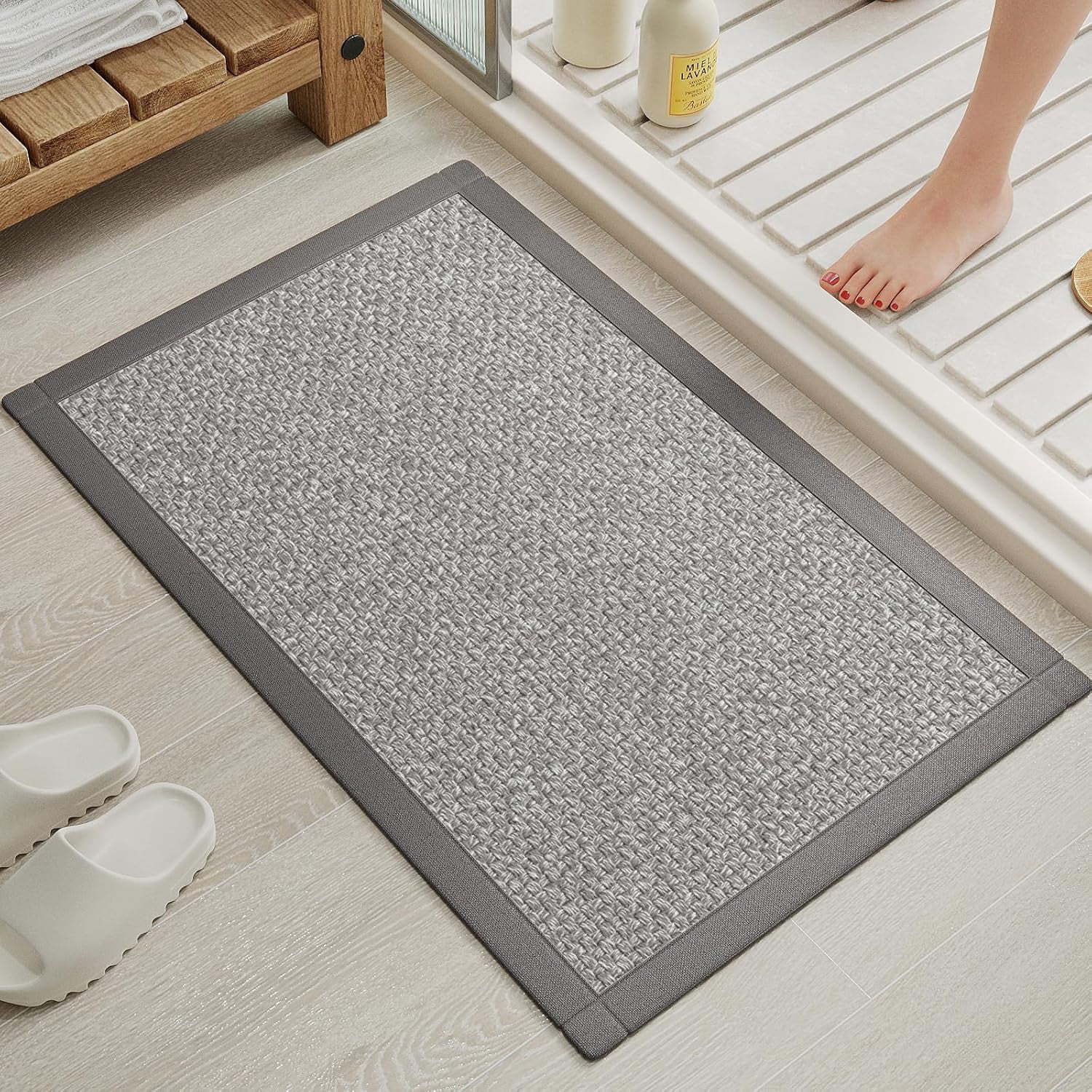 Quick Dry Absorbent Bathroom Rugs Mat Non Slip Bath Mat Ultra Thin Bath Mats for Bathroom Bathroom Mat Floor Rubber Backed Fit Under Door Woven Washable Bath Rugs