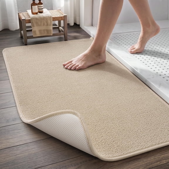 Quick Dry Bath Mat,Thin Low-Profile Bathroom Rug, Absorbent Bath Mats for Floor with Non-Slip Backing, Machine Washable Bath Rug for Shower, Bathtub, Sink, Beige, 17x24