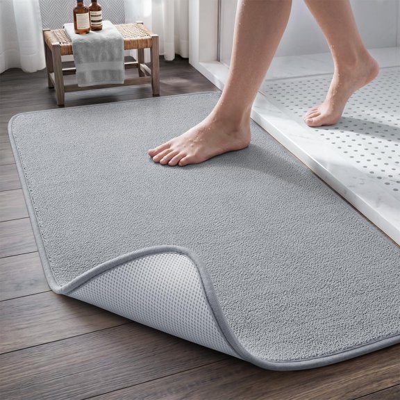 Quick Dry Bath Mat,Thin Low-Profile Bathroom Rug, Absorbent Bath Mats for Floor with Non-Slip Backing, Machine Washable Bath Rug for Shower, Bathtub, Sink, Grey, 17x24