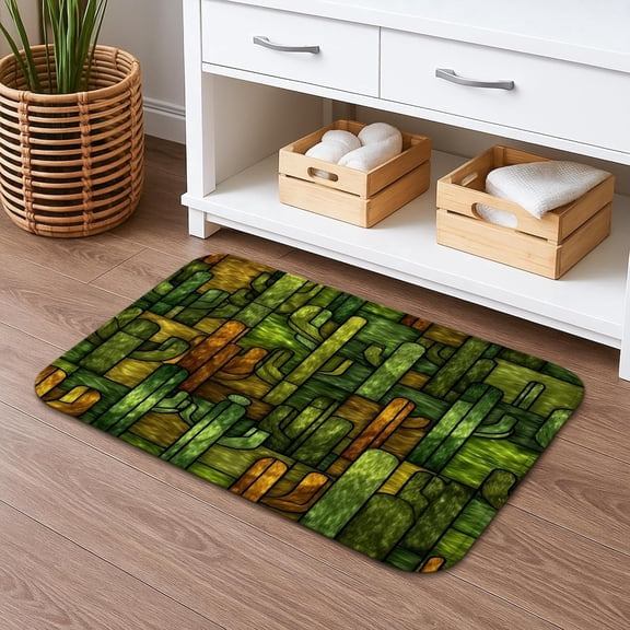 Quick Dry Bath Mat With Cactus Pattern, Absorbent Non Slip Memory Foam Shower Rug, Washable Bathroom Toilet Restroom Decor, Green, 16 x 24 Inch