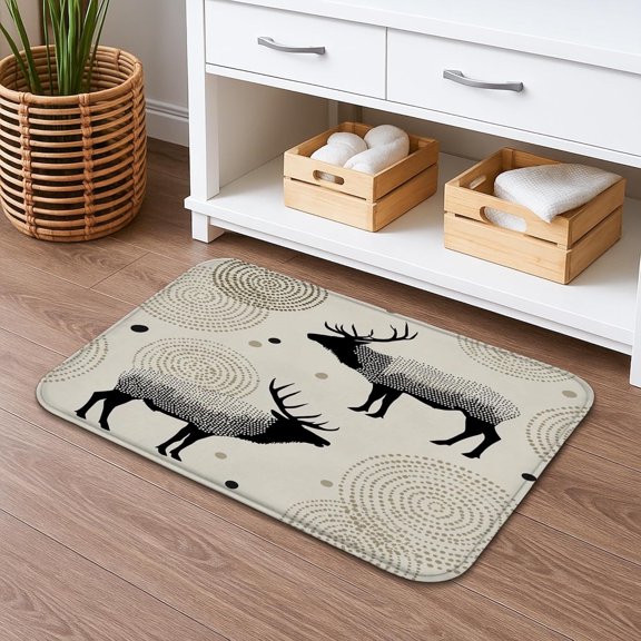 Quick Dry Bath Mat With Nordic Elk Pattern, Rustic Monochrome Animal Print, Absorbent Non Slip Memory Foam, Washable Bathroom Rug 16x24 Inch