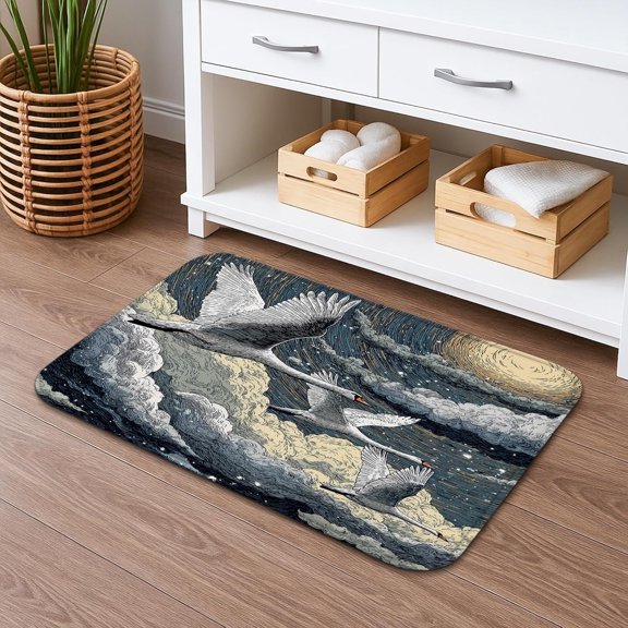 Quick Dry Bath Mat with Crane and Cloud Design, Absorbent Non Slip Shower Rug, Washable Flannel Bathroom Mat 16x24 Inch