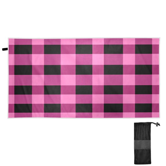 Quick-Dry Beach Towel 30"x60" Sandless Travel Towels with Carry Pouch for Beach, Pool and Travel Pink and Black Check