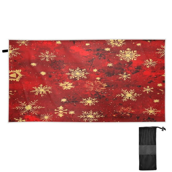 Quick-Dry Beach Towel 30"x60" Sandless Travel Towels with Carry Pouch for Beach, Pool and Travel Red and Gold Snowflakes