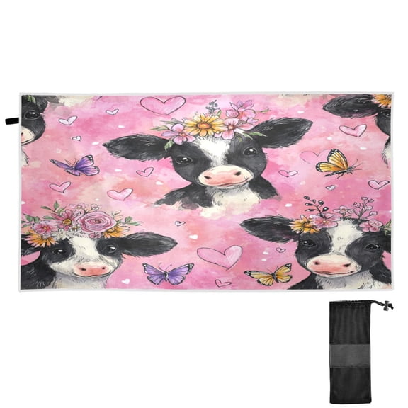 Quick-Dry Beach Towel 30x60in with Storage Bag, Sand Free Microfiber Towel for Travel, Swimming, Camping Cute Baby Cows with Flowers