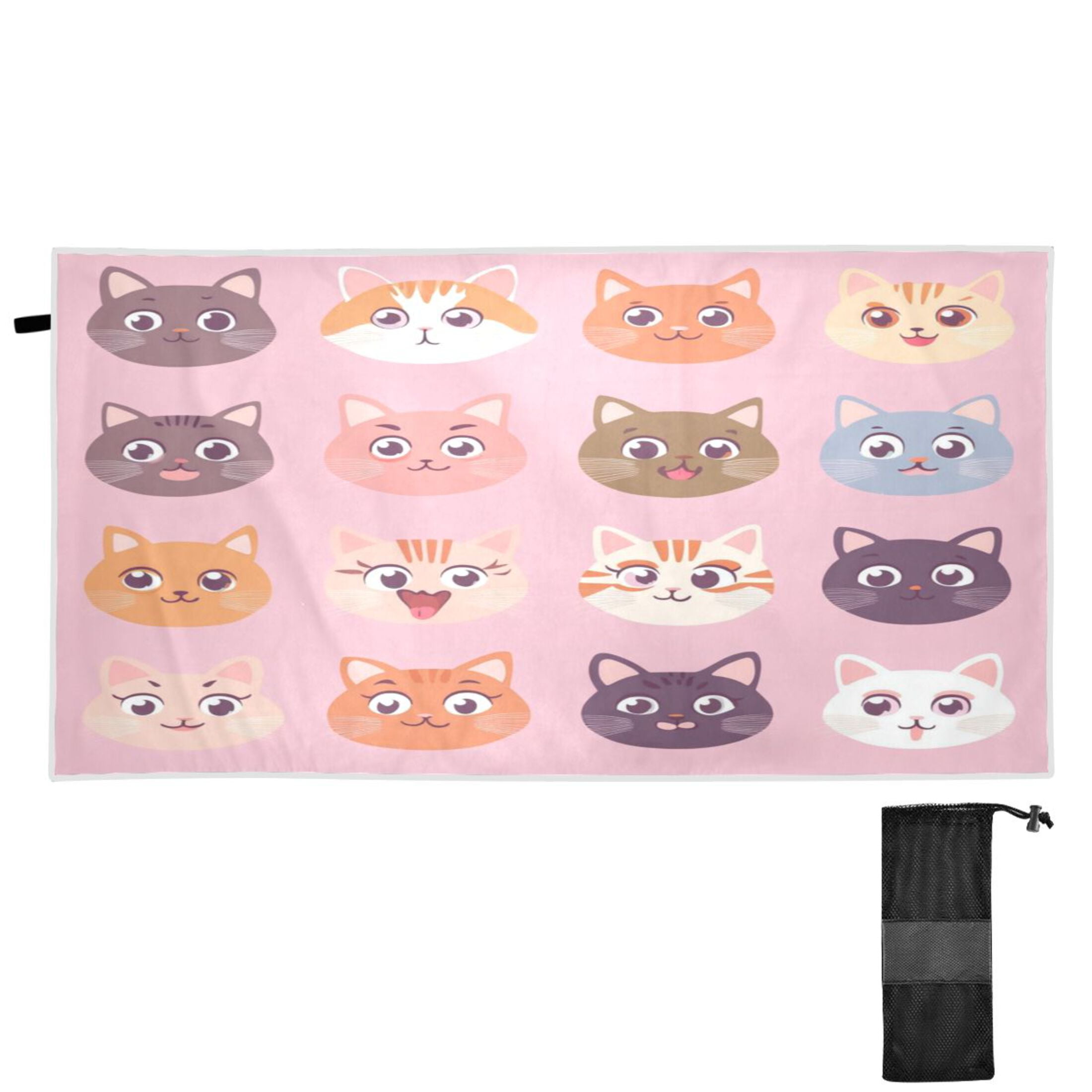 Quick-Dry Beach Towel 31"x71" Sandless Travel Towels with Carry Pouch for Beach, Pool and Travel Cute Cat Face Pattern