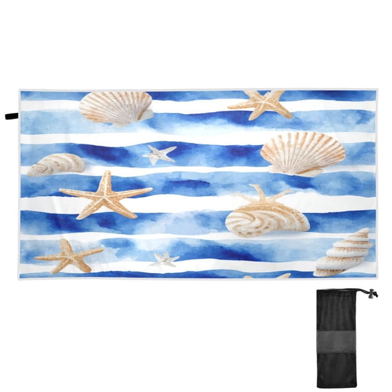 Quick-Dry Beach Towel 71x31in with Storage Bag, Sand Free Microfiber Towel for Travel, Swimming, Camping Blue Nautical Stripes Pattern