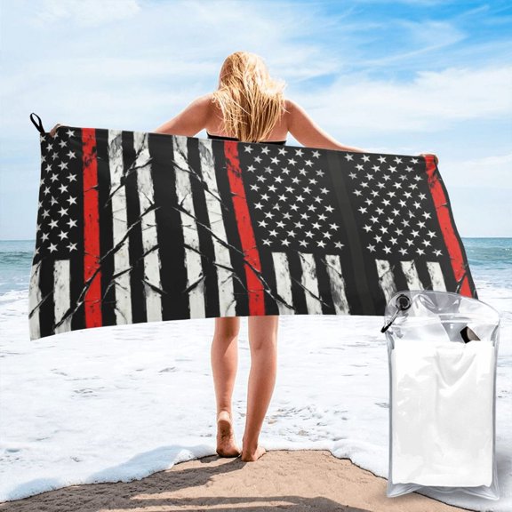 Quick Dry Beach Towel Firefighter Firefighting Flag Travel Towel with Pouch for Beach, Swimming, Camping Pool Water Sports Yoga 27.5"x55"