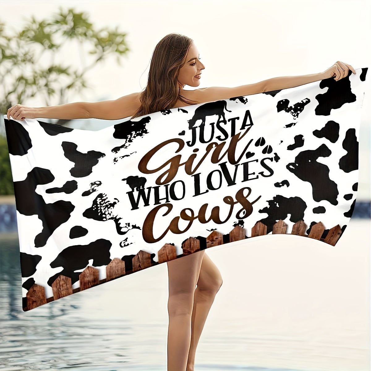 Quick-Dry Beach Towel with Stylish "JUST A GIRL WHO LOVES COWS" Cow Print Towels for Swimming, Travel, Camping, Yoga, Gym & Outdoor Activities, Travel Accessory