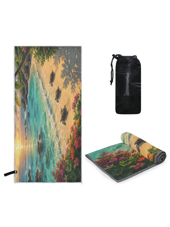 Quick Dry Beach Towel Tropical Shore Sunset Turtles Absorbent Lightweight Polyester Swim Towel with Mesh Carry Bag, Wearable as Shawl Cover Up for Gym Travel Camping, 63 x 30.5 Inch