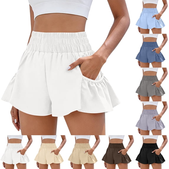 Quick Dry Biker Shorts Women High Waisted Athletic Running Shorts Elastic Summer Ruffles Flowy Sweatshort with Pockets, S