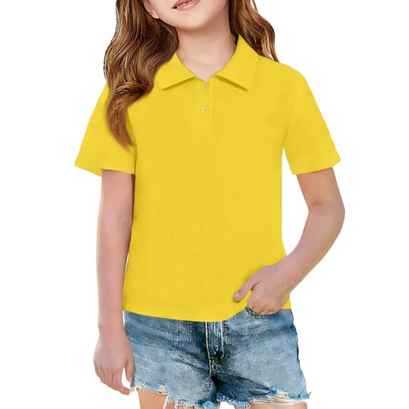 Quick Dry Collared Polo Shirts for Girls Short Sleeve Solid Button Down Lightweight Kids Back to School Casual Uniform Tops,7-8Y,Yellow
