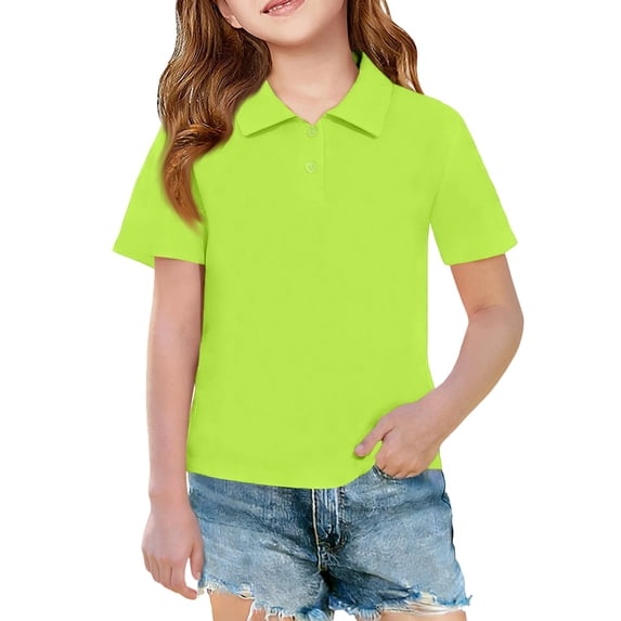 Quick Dry Collared Polo Shirts for Girls Short Sleeve Solid Button Down Lightweight Kids Back to School Casual Uniform Tops,9-10Y,Fluorescent Green