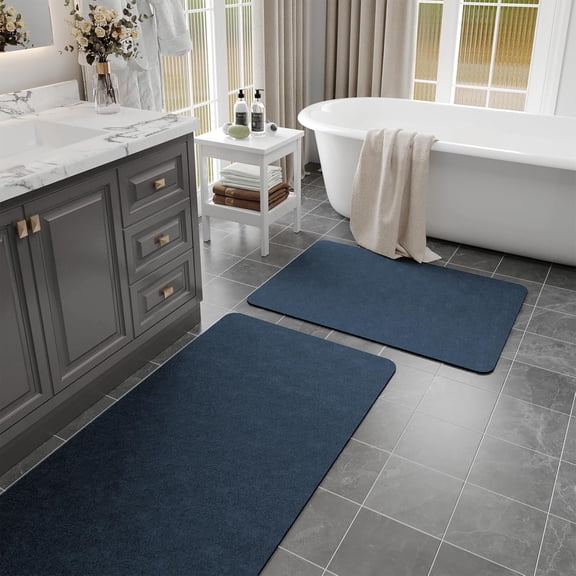 Quick Dry Diatomaceous Earth Bath Mat Set 2PC Non-Slip 17"x24"+17"x47" Navy Blue