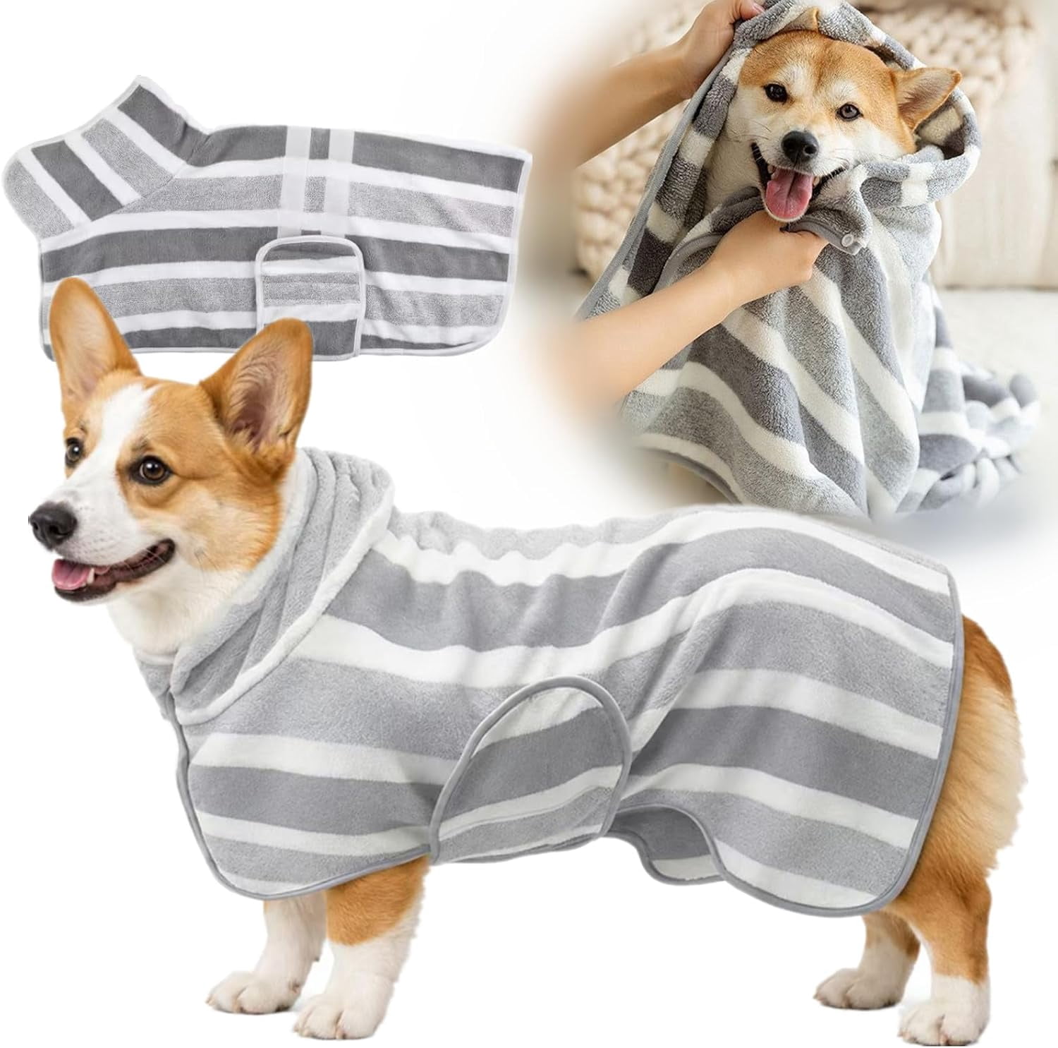 Quick-Dry Dog Bathrobe, Absorbent Striped Pet Towel Coat, Washable Pet ...