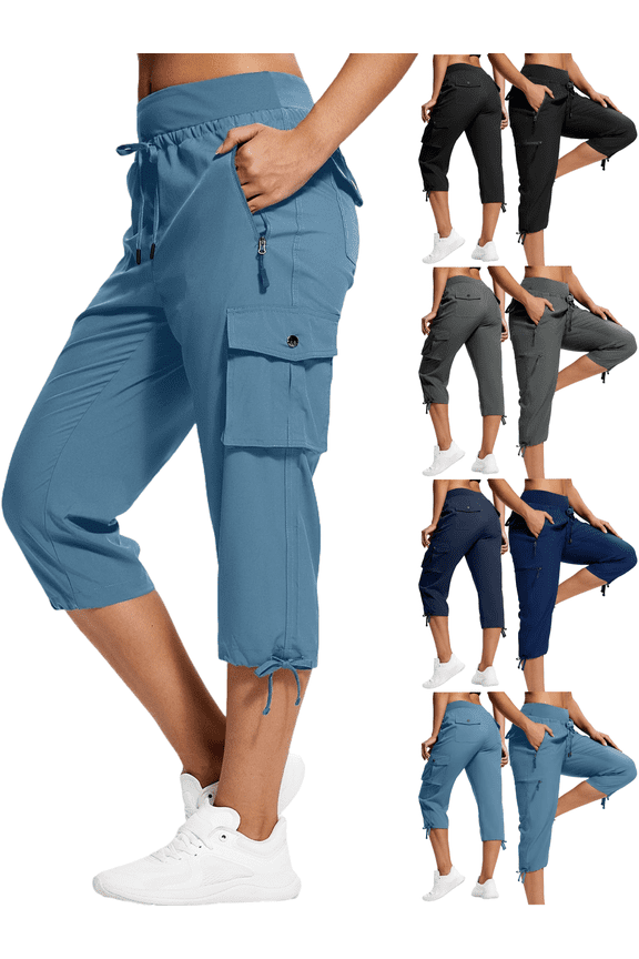 Quick-Dry Elastic Waist Cargo Capris for Women Lightweight Hiking Cropped Pants Multi-Pocket Outdoorwear