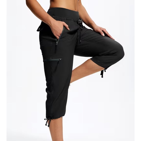 Quick-Dry Elastic Waist Cargo Capris for Women Lightweight Hiking Cropped Pants Multi-Pocket Outdoorwear