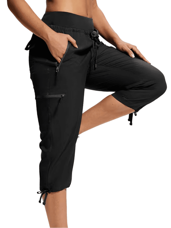 Quick-Dry Elastic Waist Cargo Capris for Women Lightweight Hiking Cropped Pants Multi-Pocket Outdoorwear