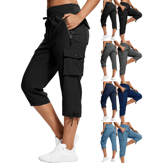 Quick-Dry Elastic Waist Cargo Capris for Women Lightweight Hiking Cropped Pants Multi-Pocket Outdoorwear