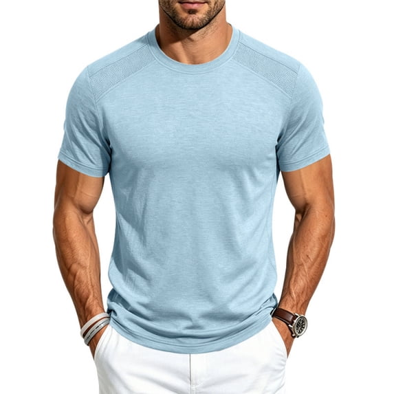 Quick Dry Mens Workout Shirts Short Sleeve Athletic Gym Tee Breathable Exercise Training Running Sports Active Fitness Top Light Blue XL