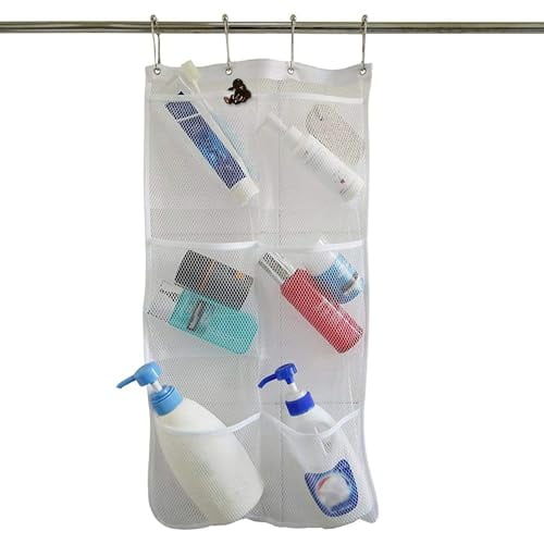 Quick Dry Mesh Pockets Fabric Bathm,Hanging Mesh Pockets Shower Organizer,Shower Hanging Mesh Organizer,Quick Dry Storage Bathroom Accessories with 6-Pocket,4 Hooks