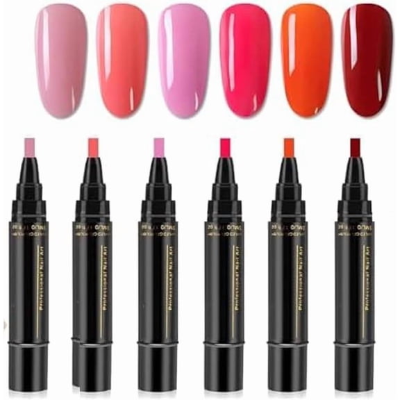 Quick Dry Nail Gel Pen Set, 6 Color 3-in-1 Nail Polish Pen for Nail Art, Portable Gel Nail Polish with Soft Tip, At Home Manicure Kit for Salon Look Nail Designs