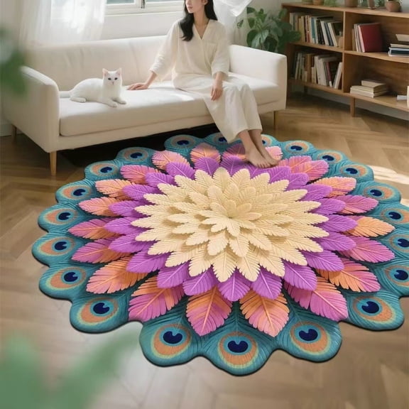 Quick-Dry Non-Slip Peacock Mat,24"x24" Crystal Velvet Peacock Kitchen Mats for Floor,Peacocks Feather Floral Area Rug,Absorbent Soft Carpet for Living Dining Room Rug Home Decor