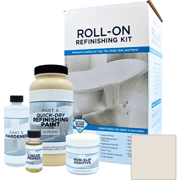 Quick-Dry Roll-On Refinishing Kit - 22 fl oz, High Gloss Almond, Complete DIY System with Tools & Non-Slip Additive - Faster 12-Hour Dry Time for Bathtubs, Tile, Sinks & Showers