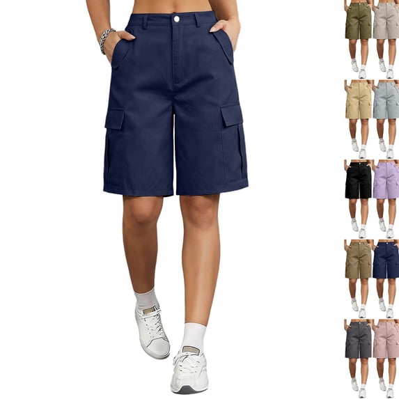 Quick Dry Shorts for Women Knee Length High Waisted Cargo Hiking Bermuda Shorts Lightweight Long Golf Chino Short Navy M