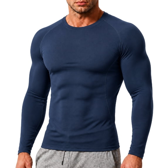 Quick Dry Stretch Base Layer for Men Athletic Running Gym Workout Top Mens Long Sleeve Compression Shirt Training Fitness Exercise Navy S