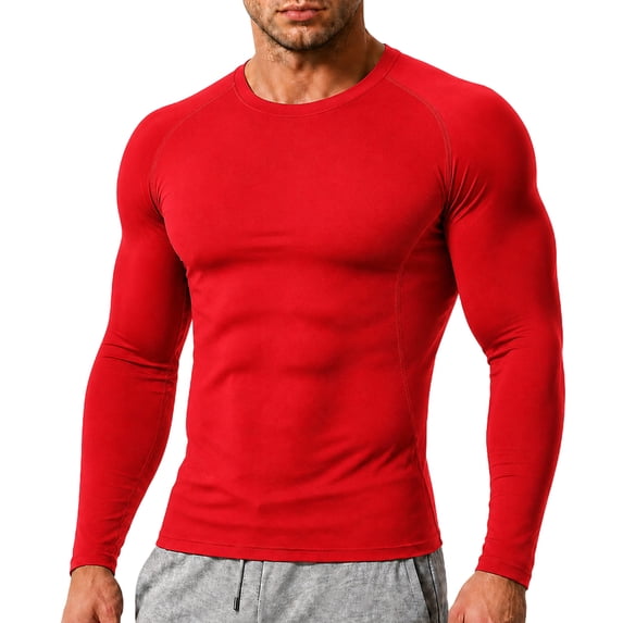 Quick Dry Stretch Base Layer for Men Athletic Running Gym Workout Top Mens Long Sleeve Compression Shirt Training Fitness Exercise Red S