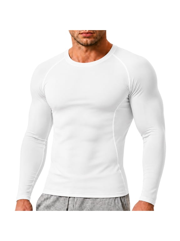 Quick Dry Stretch Base Layer for Men Athletic Running Gym Workout Top Mens Long Sleeve Compression Shirt Training Fitness Exercise White 2XL