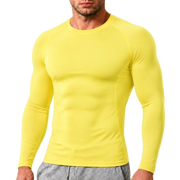 Quick Dry Stretch Base Layer for Men Athletic Running Gym Workout Top Mens Long Sleeve Compression Shirt Training Fitness Exercise Yellow XL
