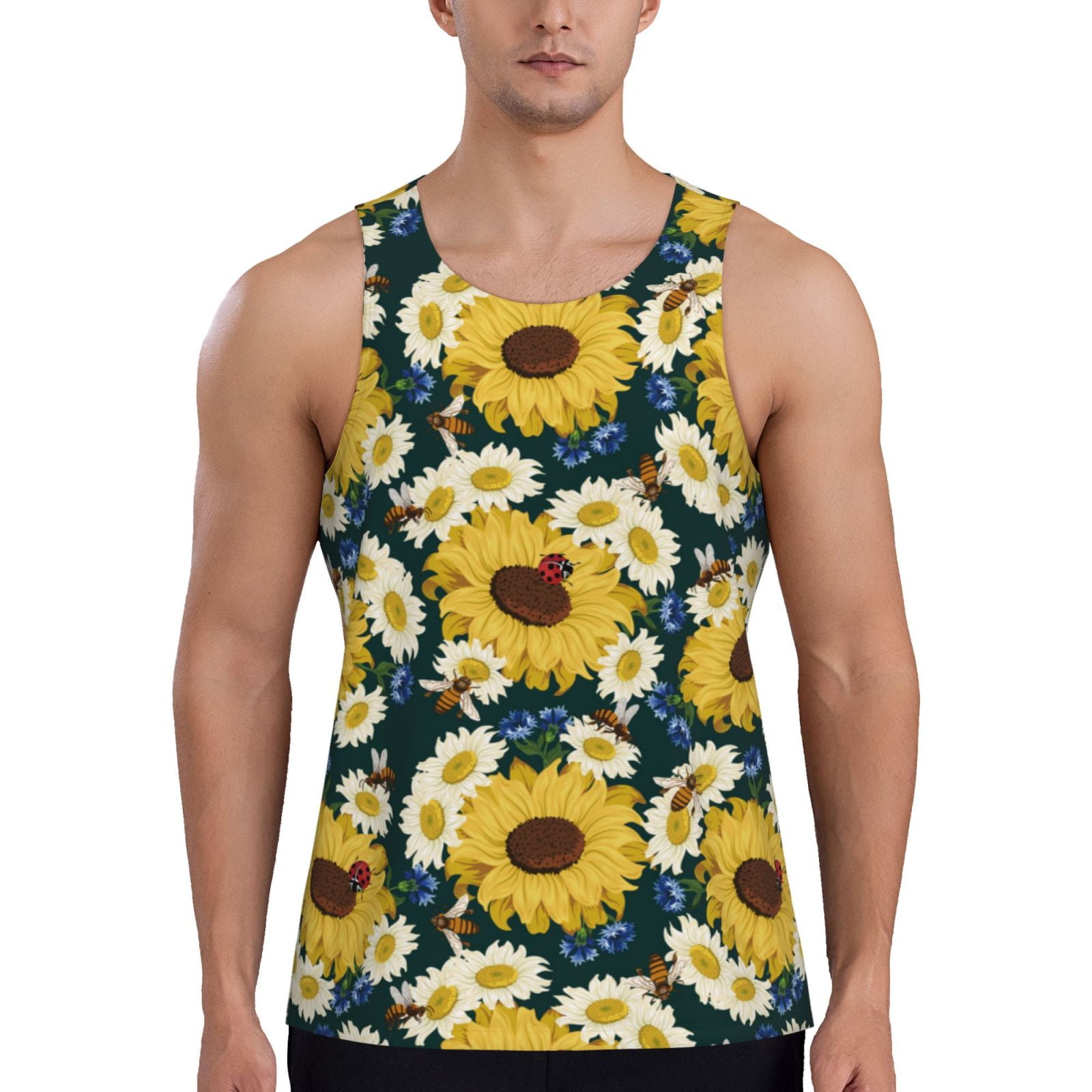 Quick Dry Tank Tops Men, Sunflowers Yellow White Mens Tank Top Workout