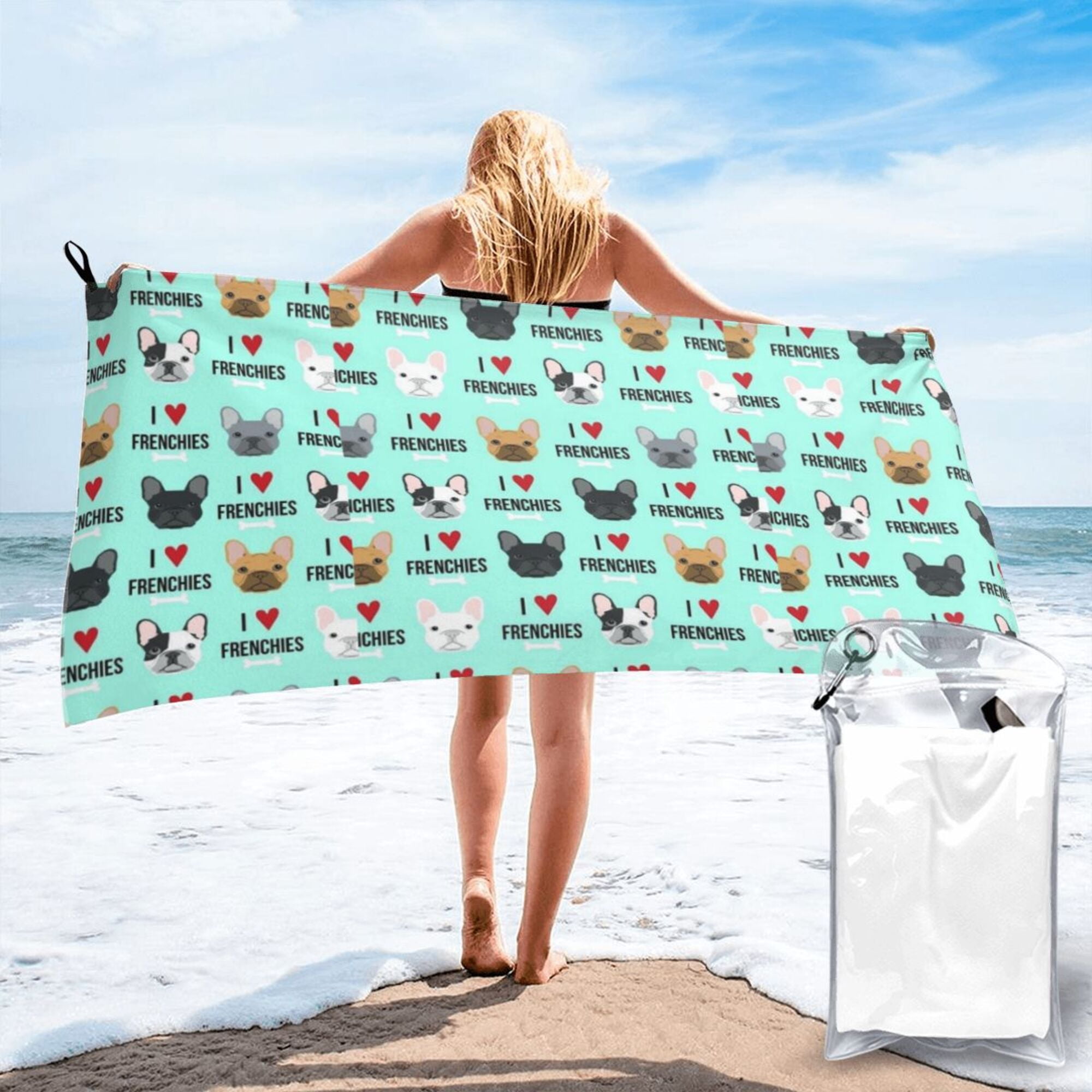 Quick Dry Towel Frenchie Dog Fabric Heart Quick Dry Microfiber Soft And Absorbent Bath Towel Outdoor Travel Oversized Beach Towel For Adults Kids