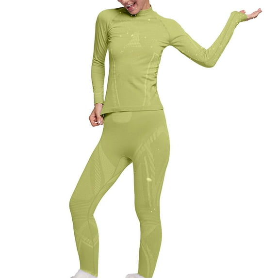 Quick Dry Two Piece Base Layer for Women Long Sleeve Crewneck Shirt Leggings Thermal Underwear for Skiing Green L