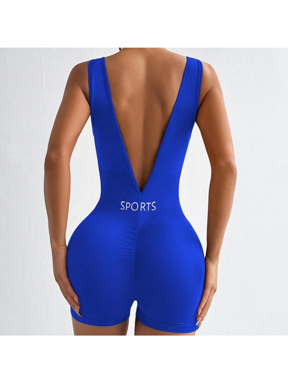 Quick Dry Women's Sports Bodysuit High-intensity V-Back Backless Shapewear Romper Scrunch Butt Jumpsuit for Yoga Sports Fitness one Piece Design Royal Blue S