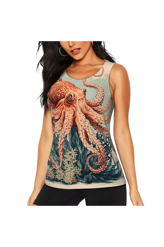 Quick-Dry Workout Tank Top Athletic Sleeveless Shirt for Running Yoga Gym, Vintage Coral Octopus Art Watercolor