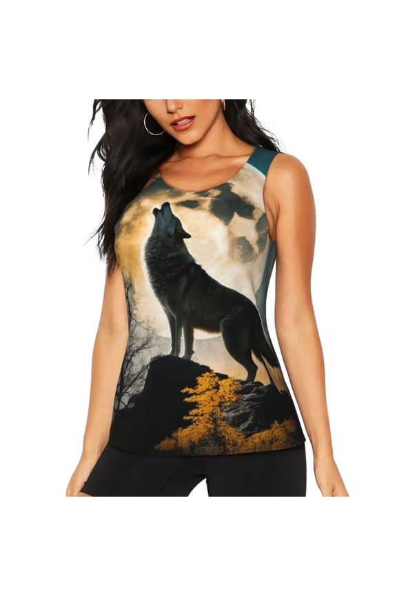 Quick-Dry Workout Tank Top Athletic Sleeveless Shirt for Running Yoga Gym, Wolf Full Moon Howling