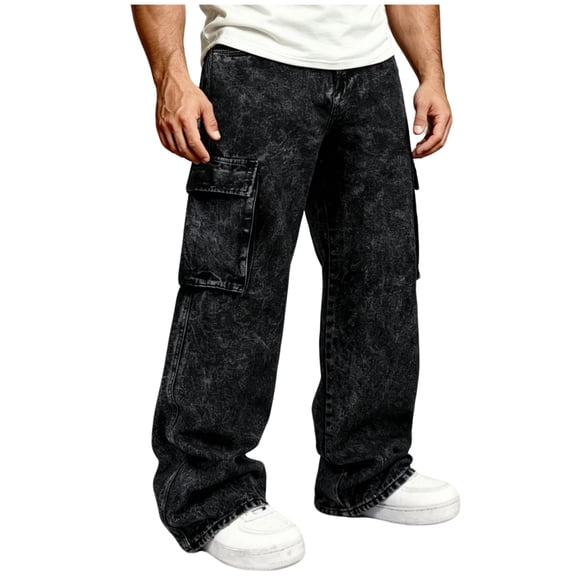 Smawell Men's Cargo Jeans, Wide Leg Baggy Denim Pants, Multi‑Pocket Loose Fit Casual Work Trousers for Daily Street Wear