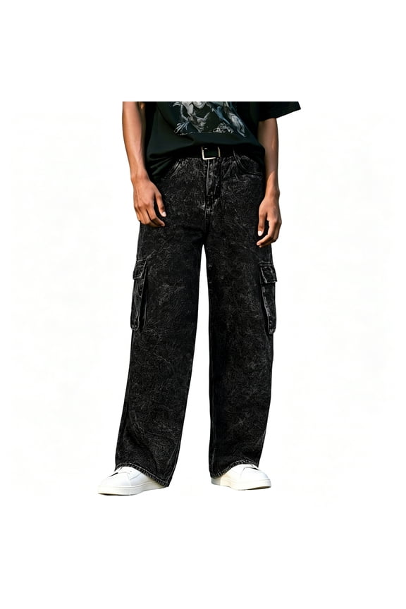 Men's Black Cargo Jeans, Relaxed Fit Wide Leg Denim Pants, Multi Pocket Workwear Jeans for Casual & Streetwear, Sizes 28-36
