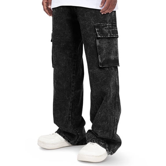 Smawell Men's Black Cargo Jeans, Relaxed Fit Wide Leg Denim Pants, Multi Pocket Workwear Jeans for Casual & Streetwear, Sizes 28-36