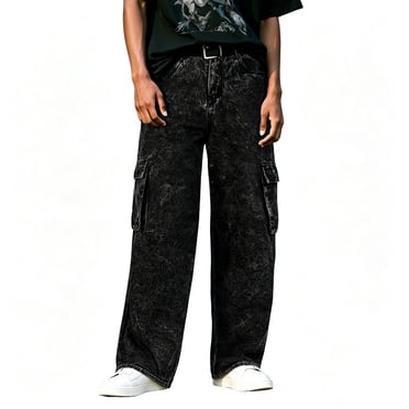 Smawell Men's Black Tie Dye Wide Leg Cargo Jeans, Relaxed Fit Multi Pocket Streetwear Denim Pants for Casual Daily Wear
